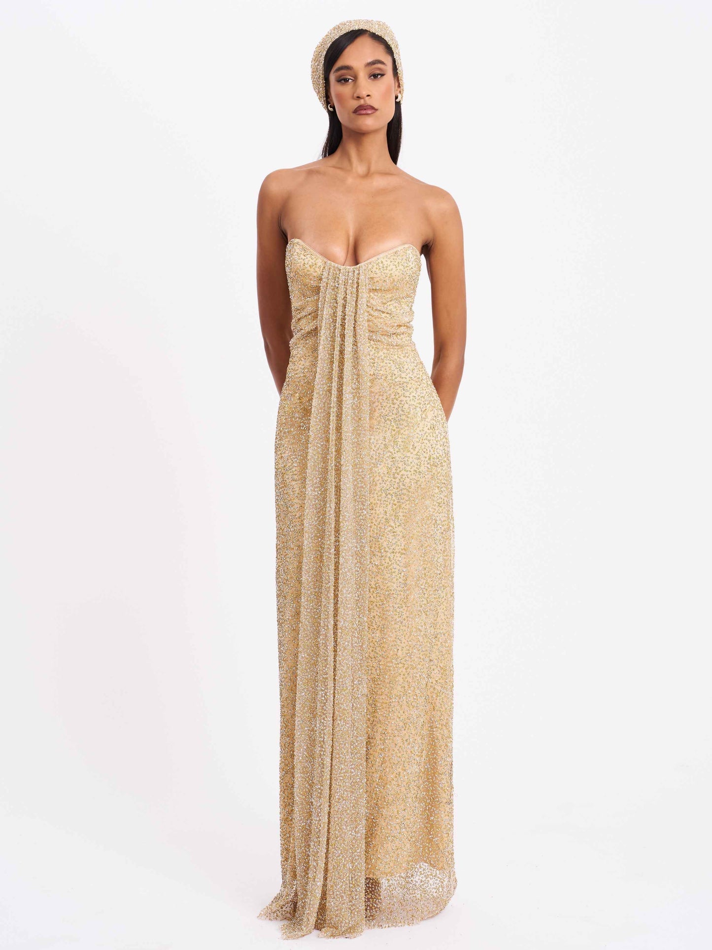 Ada Gold Rhinestone Embellished Strapless Gown with Head Scarf