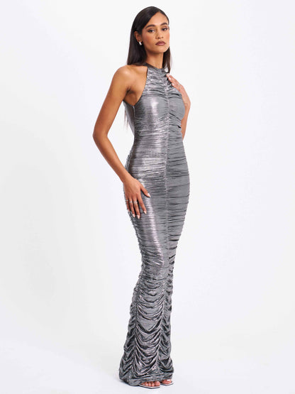 Abril Ruched Silver Glitter Backless Gown