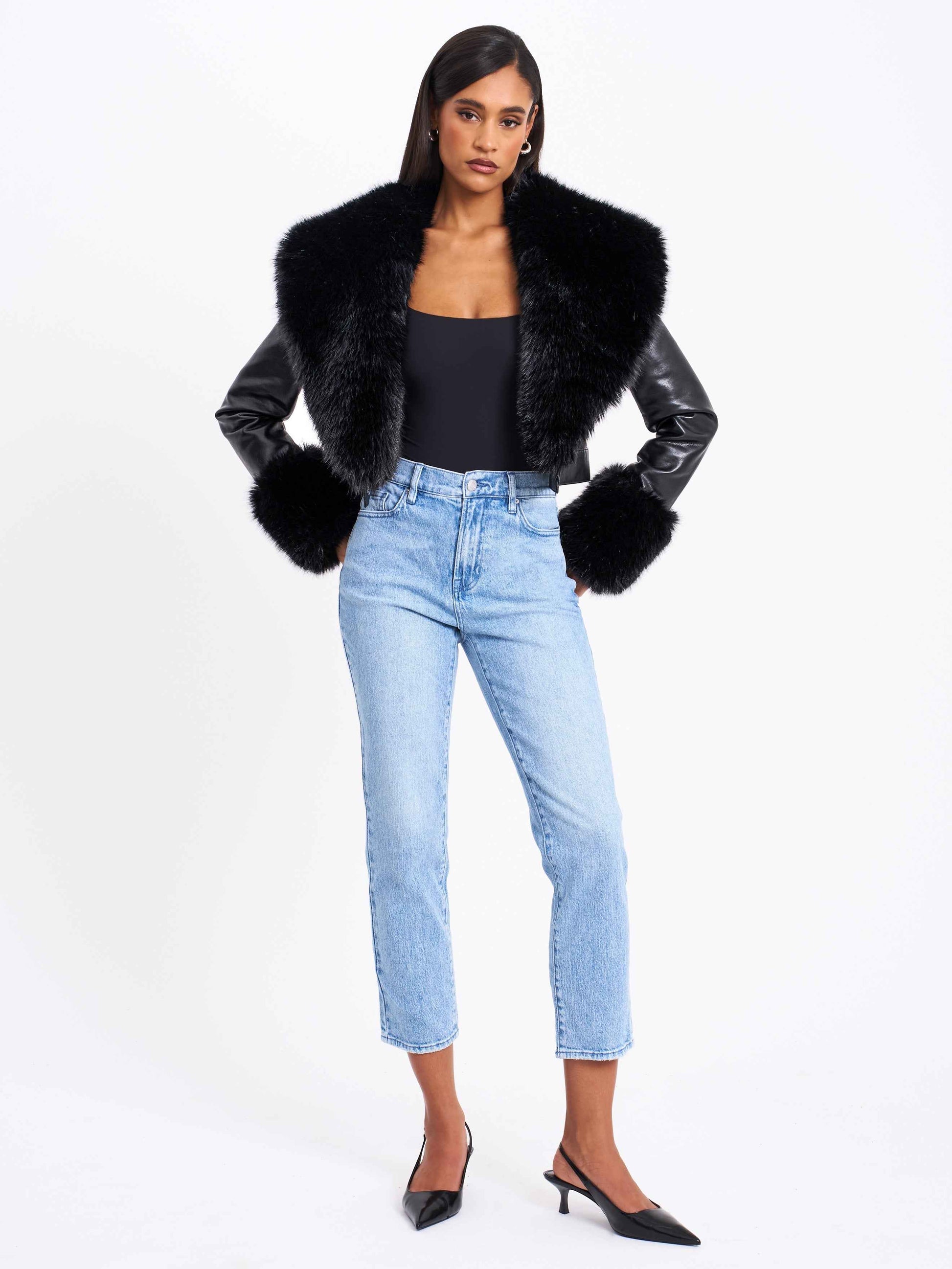 Ziah Cropped Leather Jacket with Fur Collar