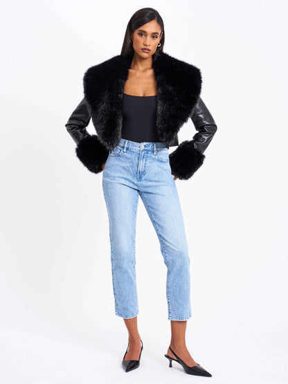 Ziah Cropped Leather Jacket with Fur Collar