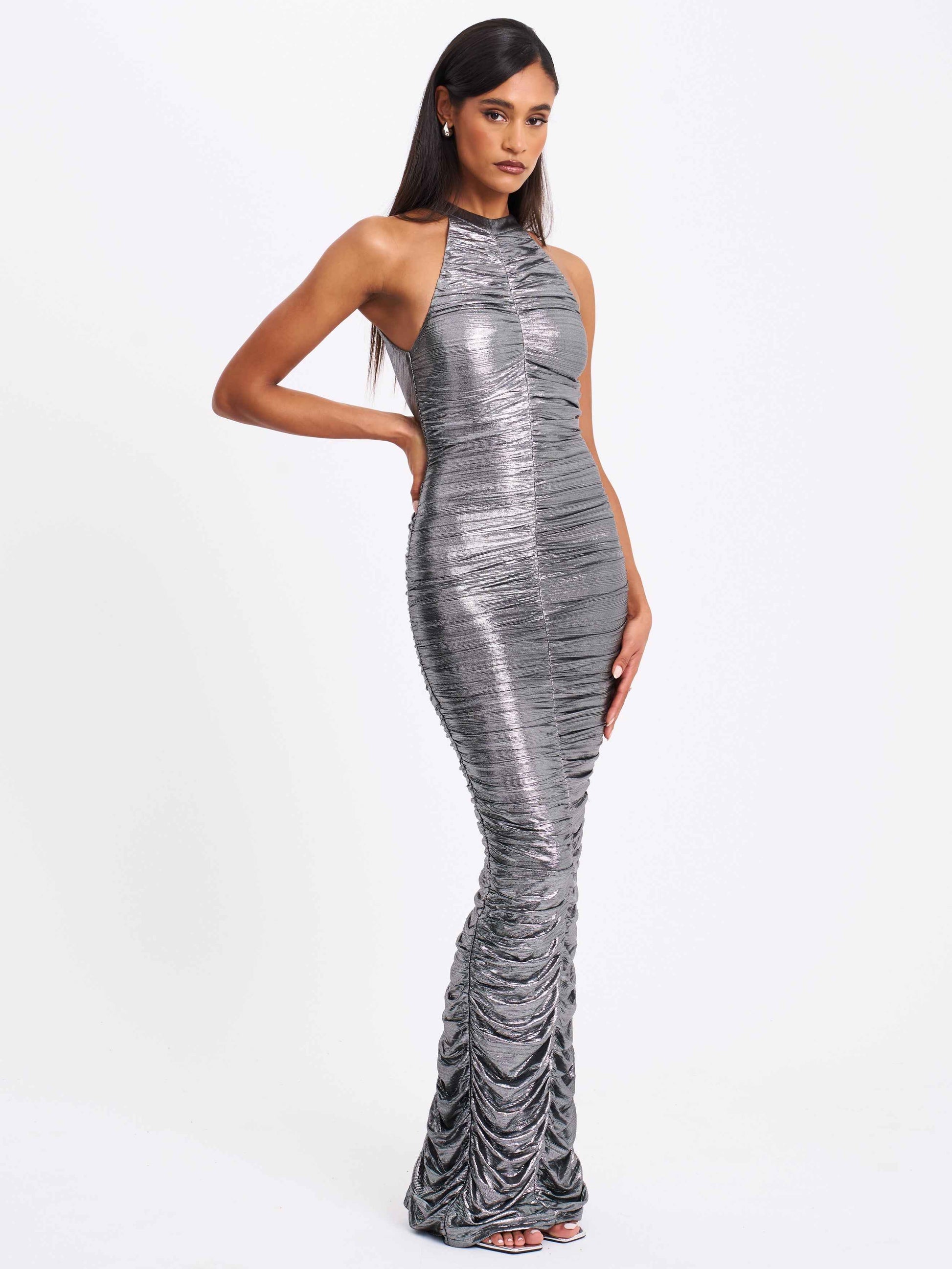 Abril Ruched Silver Glitter Backless Gown