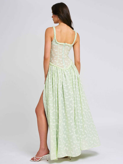 Ulissa Light Green Square Neck Jacquard Textured High Slit Maxi Dress