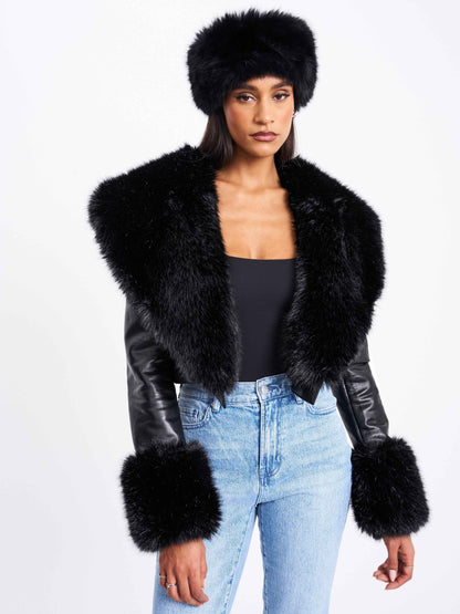 Ziah Cropped Leather Jacket with Fur Collar