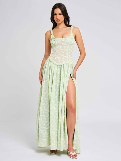 Ulissa Light Green Square Neck Jacquard Textured High Slit Maxi Dress