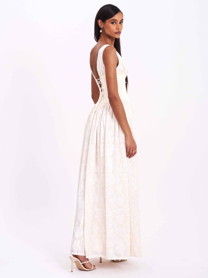 Sabrina Butter Yellow High Slit Jacquard Maxi Dress