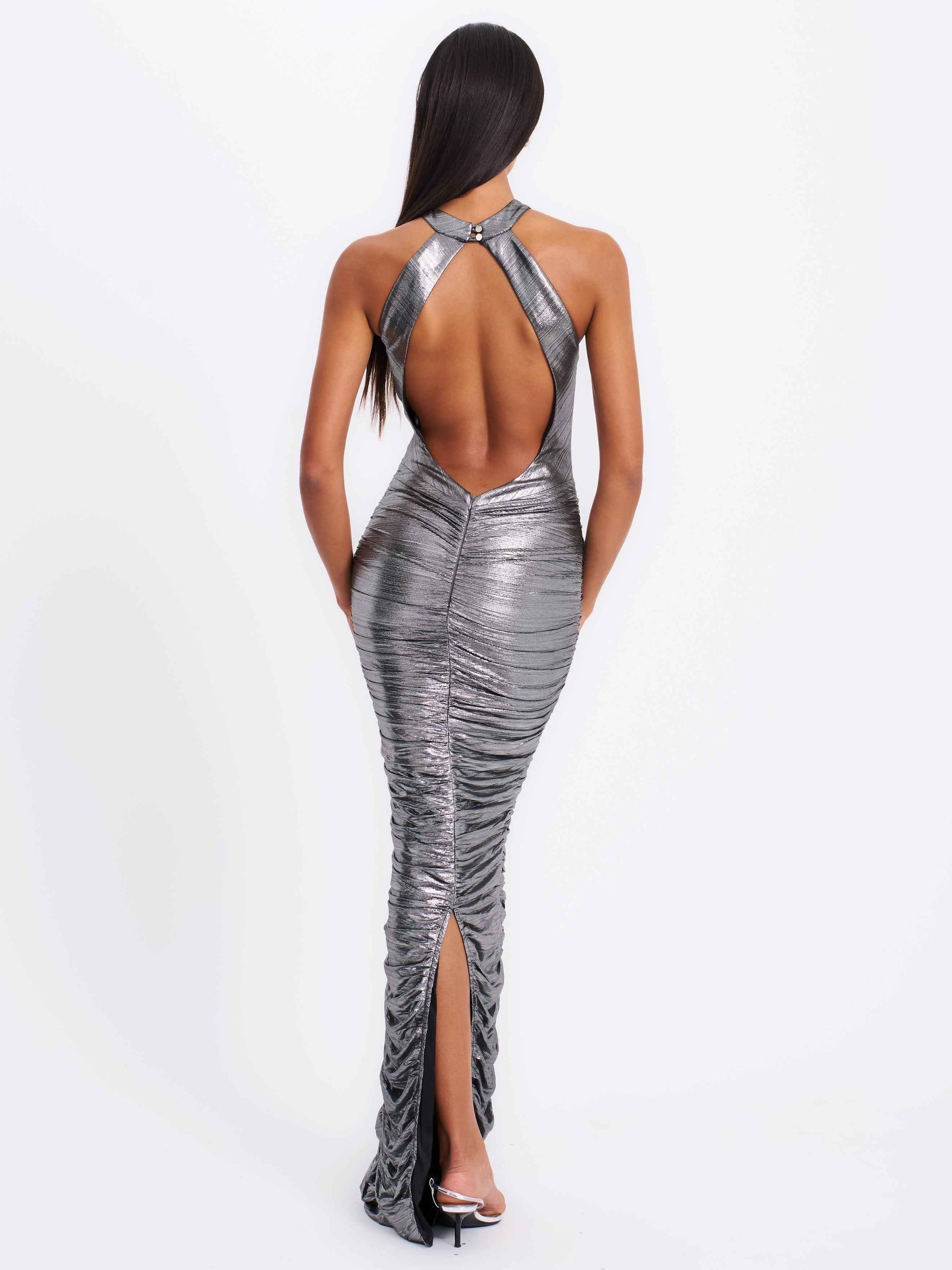 Abril Ruched Silver Glitter Backless Gown