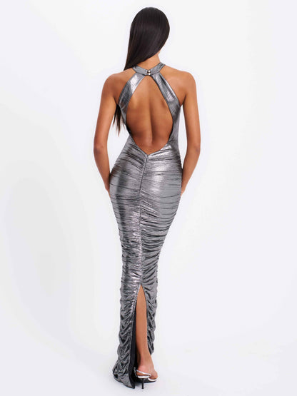 Abril Ruched Silver Glitter Backless Gown