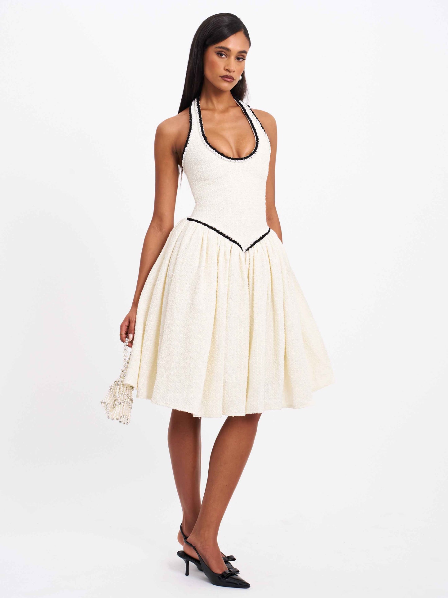 Natalie U Neck Halter Drop Waist Tweed Midi Dress