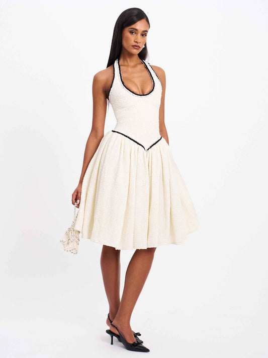 Natalie U Neck Halter Drop Waist Tweed Midi Dress