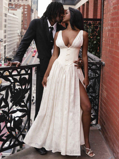 Sabrina Butter Yellow High Slit Jacquard Maxi Dress