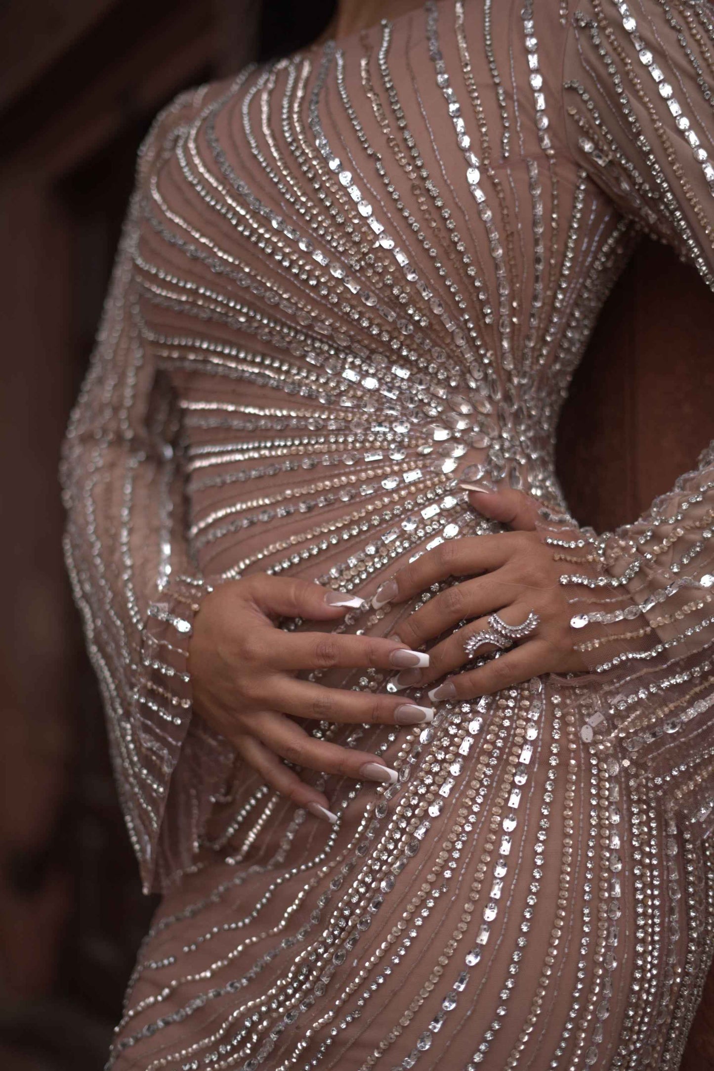 Abira Sequin Modest Neckline Long Sleeve Embellished Dress With Side Skirt