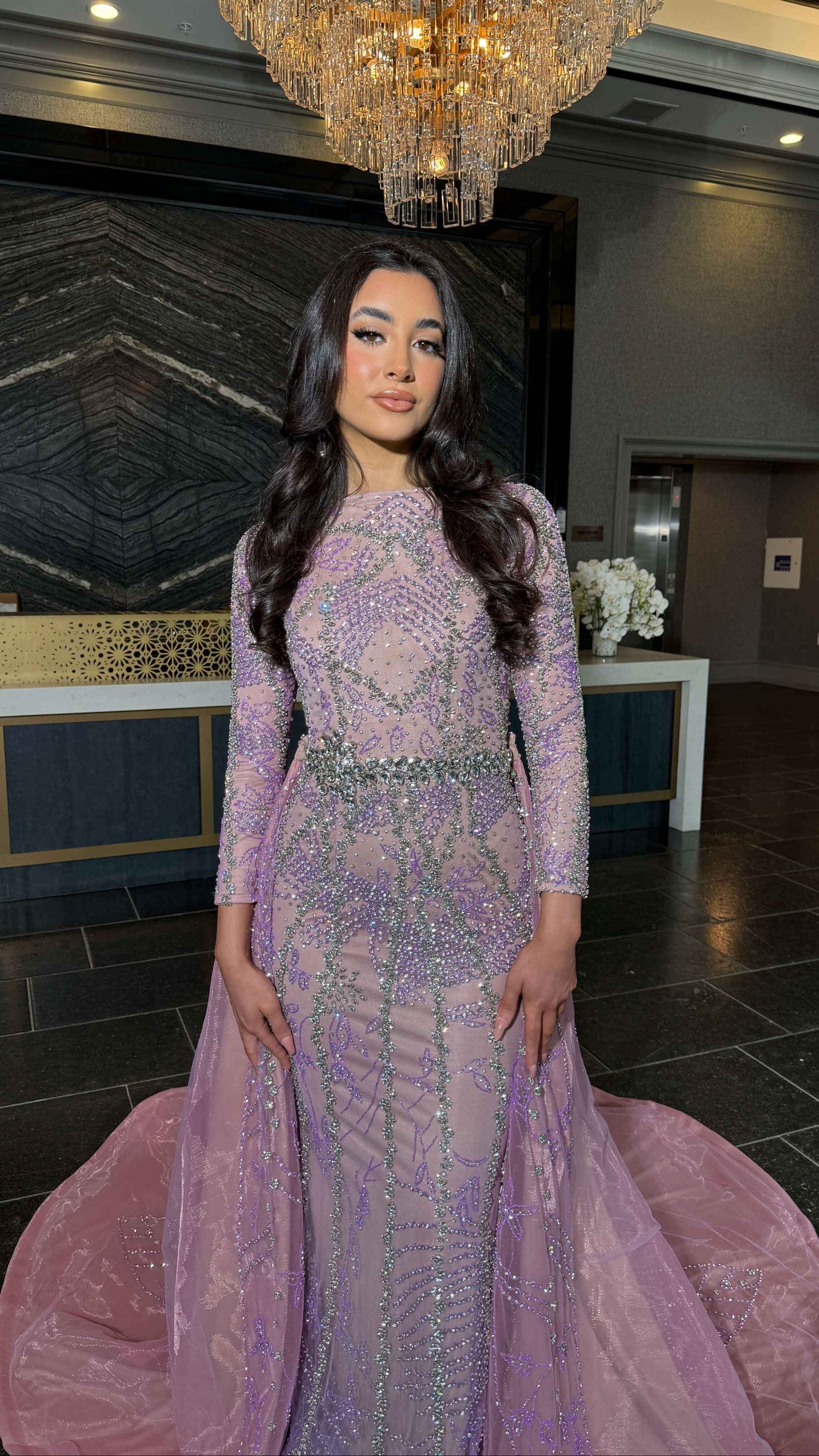 Fariza Long Sleeve Modest Beaded Embellished Evening Dress