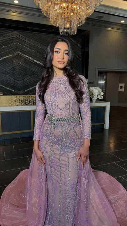 Fariza Long Sleeve Modest Beaded Embellished Evening Dress