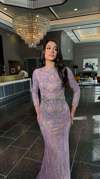 Fariza Long Sleeve Modest Beaded Embellished Evening Dress