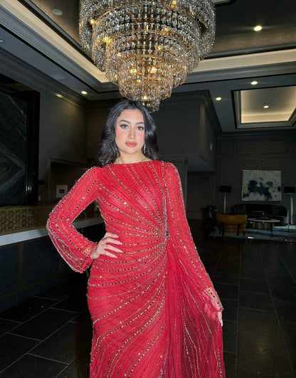 Abira Sequin Modest Neckline Long Sleeve Embellished Dress With Side Skirt