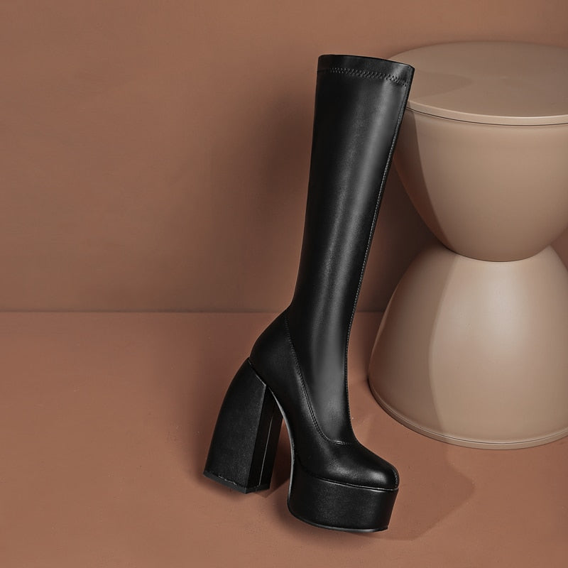 DAENE Knee-High Platform Heel Boots - Sneakernational