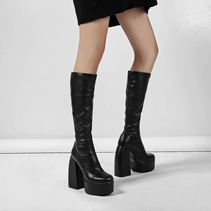 DAENE Knee-High Platform Heel Boots - Sneakernational
