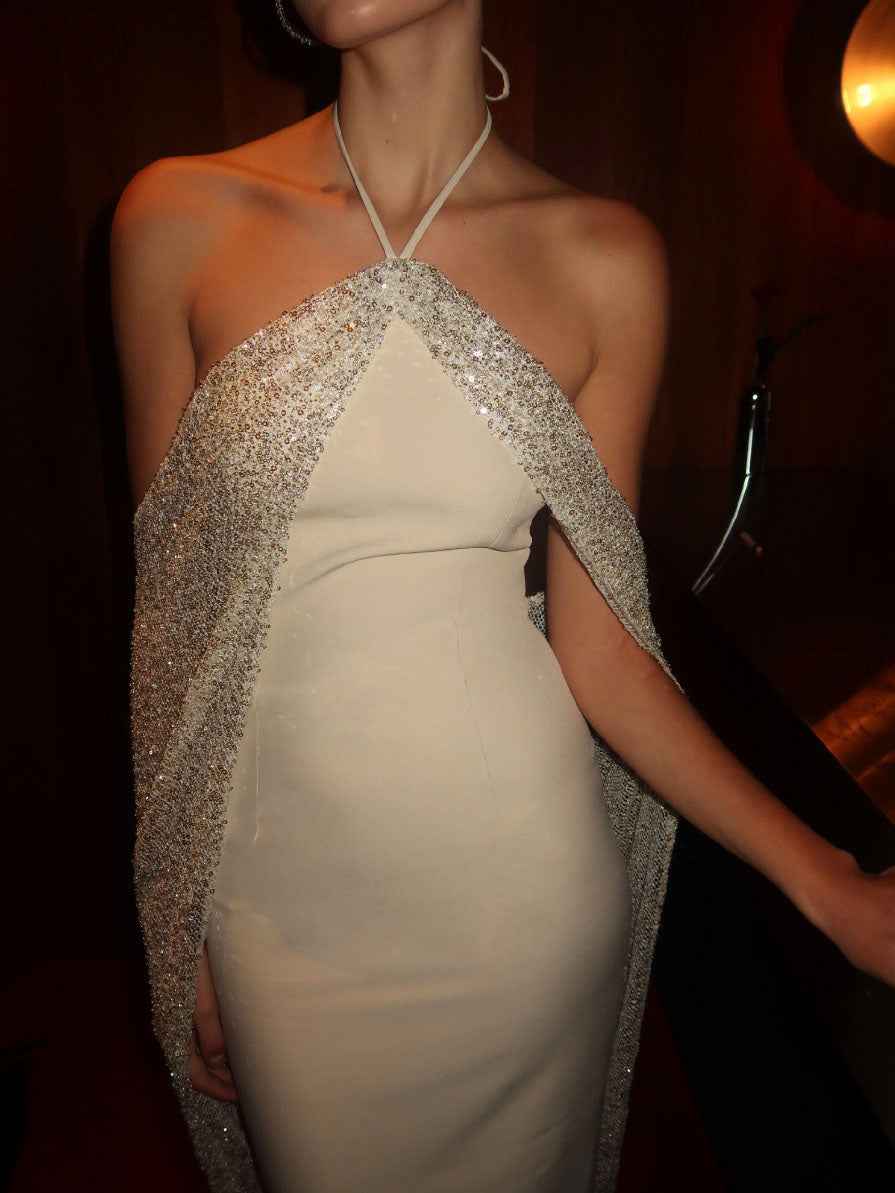 Quimera Almond Beaded Cape Halter Off-Shoulder Maxi Gown