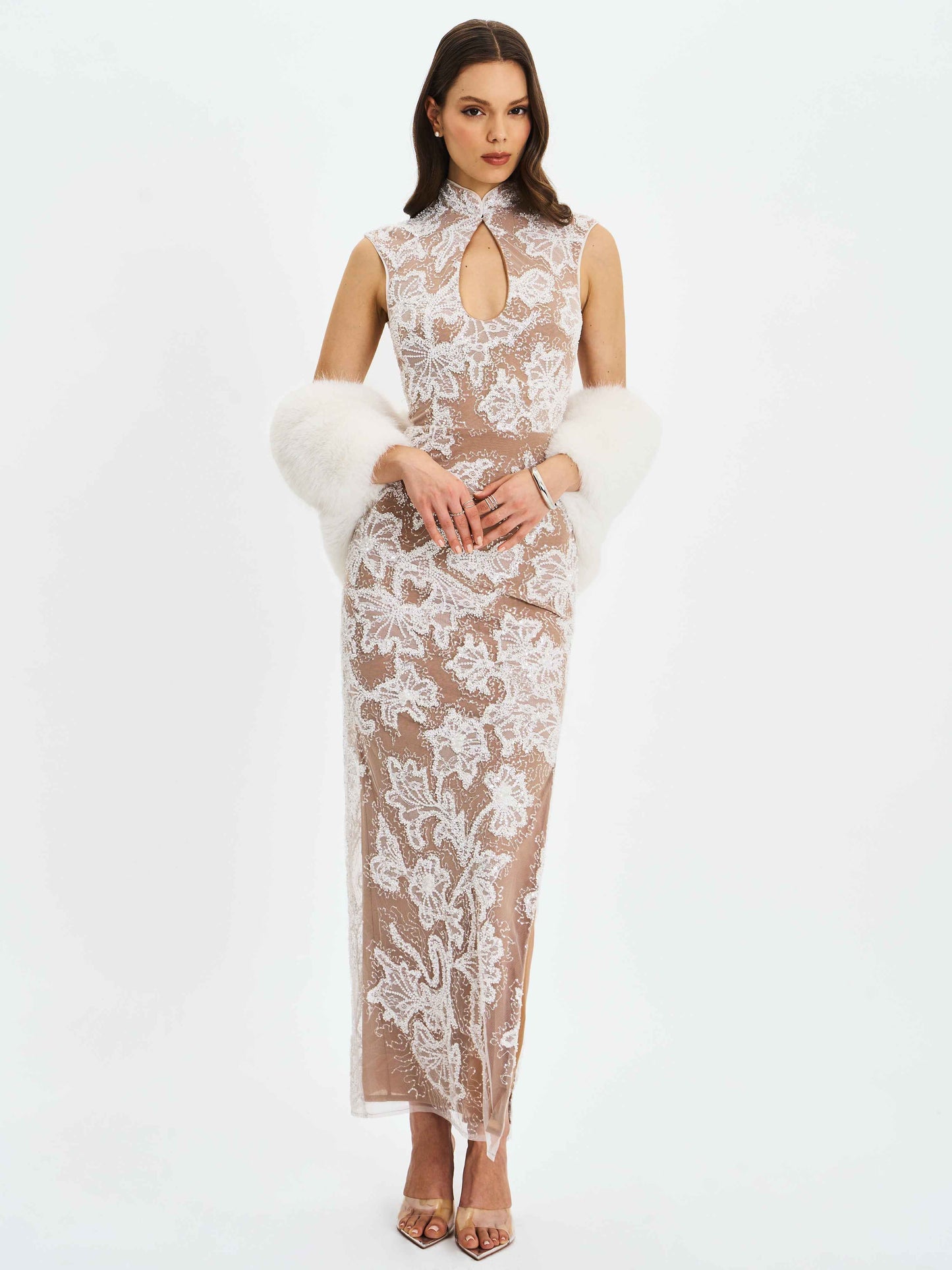 Tavia White Beaded Teardrop Neckline Maxi Dress