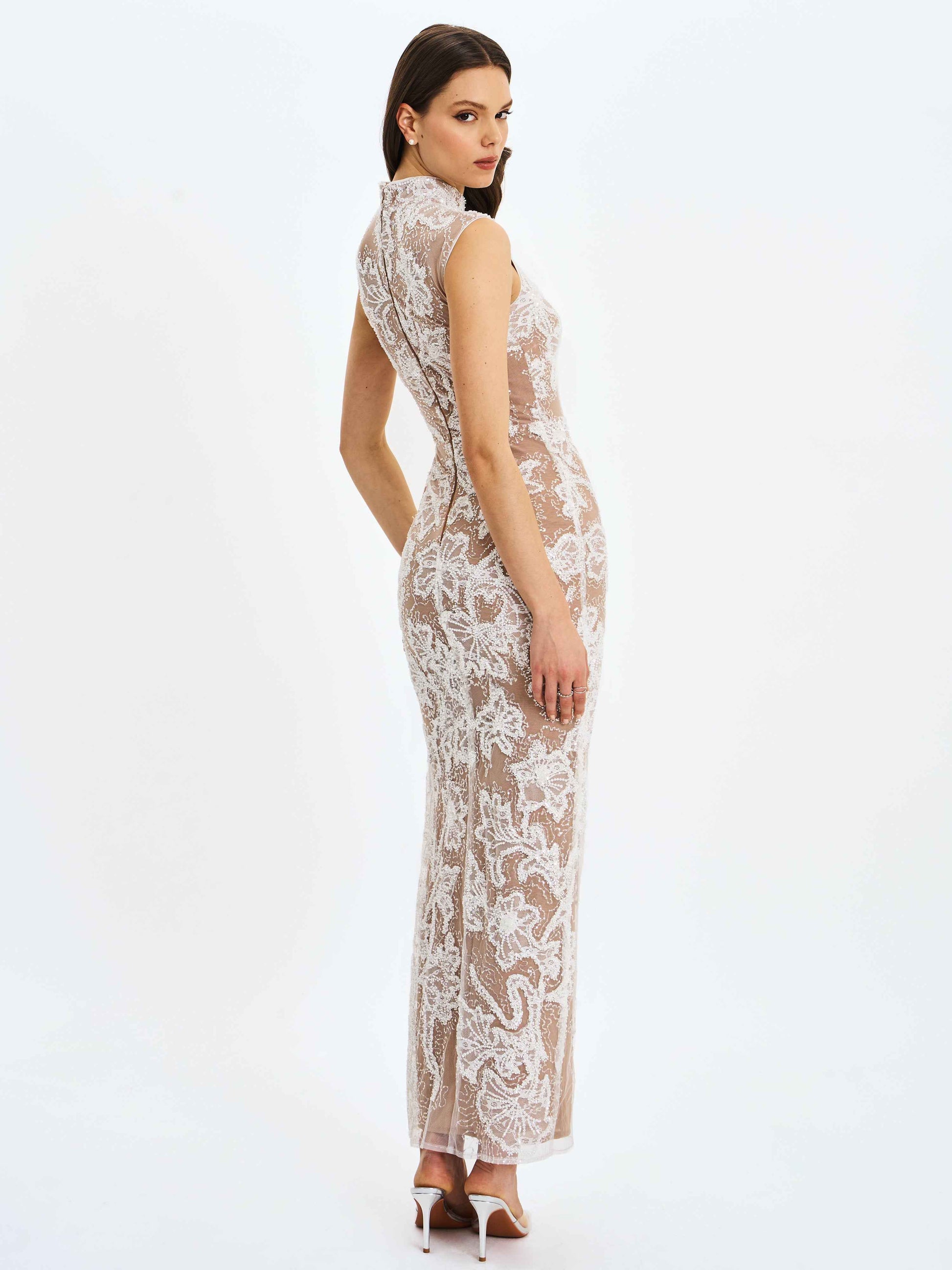 Tavia White Beaded Teardrop Neckline Maxi Dress