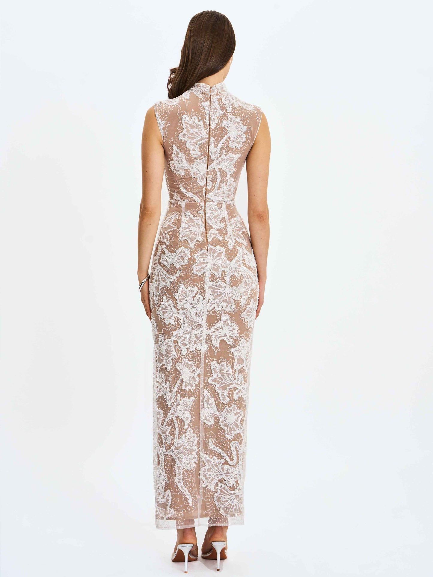 Tavia White Beaded Teardrop Neckline Maxi Dress
