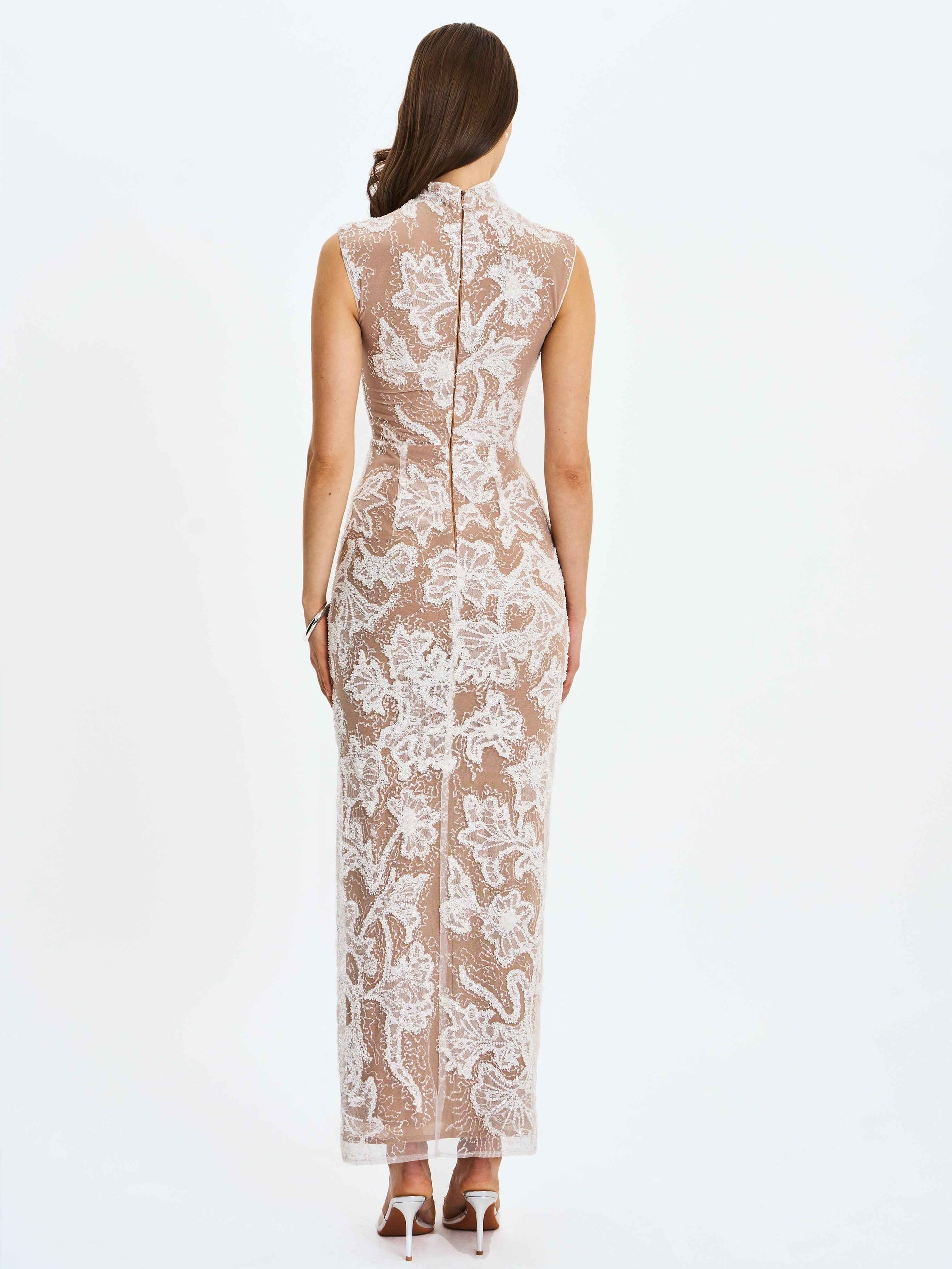 Tavia White Beaded Teardrop Neckline Maxi Dress