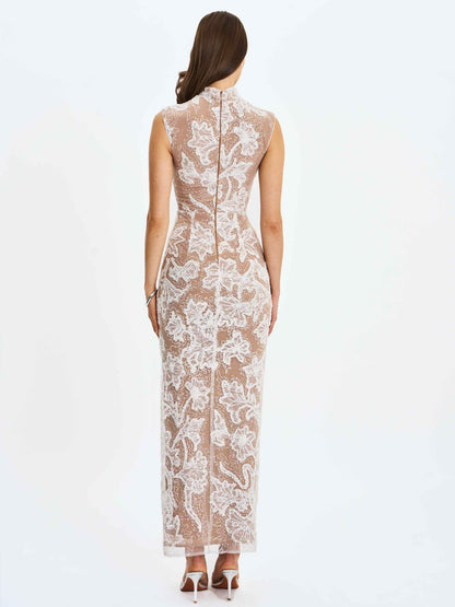 Tavia White Beaded Teardrop Neckline Maxi Dress
