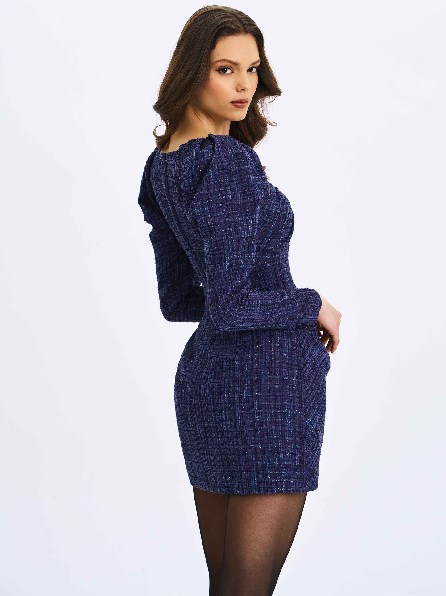 Denise Navy Tweed Ruched Puff Sleeve Mini Dress