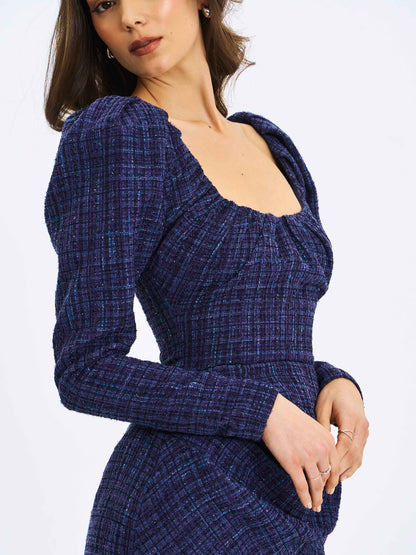 Denise Navy Tweed Ruched Puff Sleeve Mini Dress