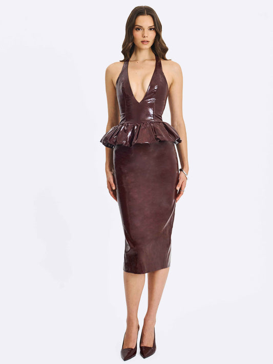 Jaslene Mahogany Ruched Peplum Plunge Halter Midi Dress