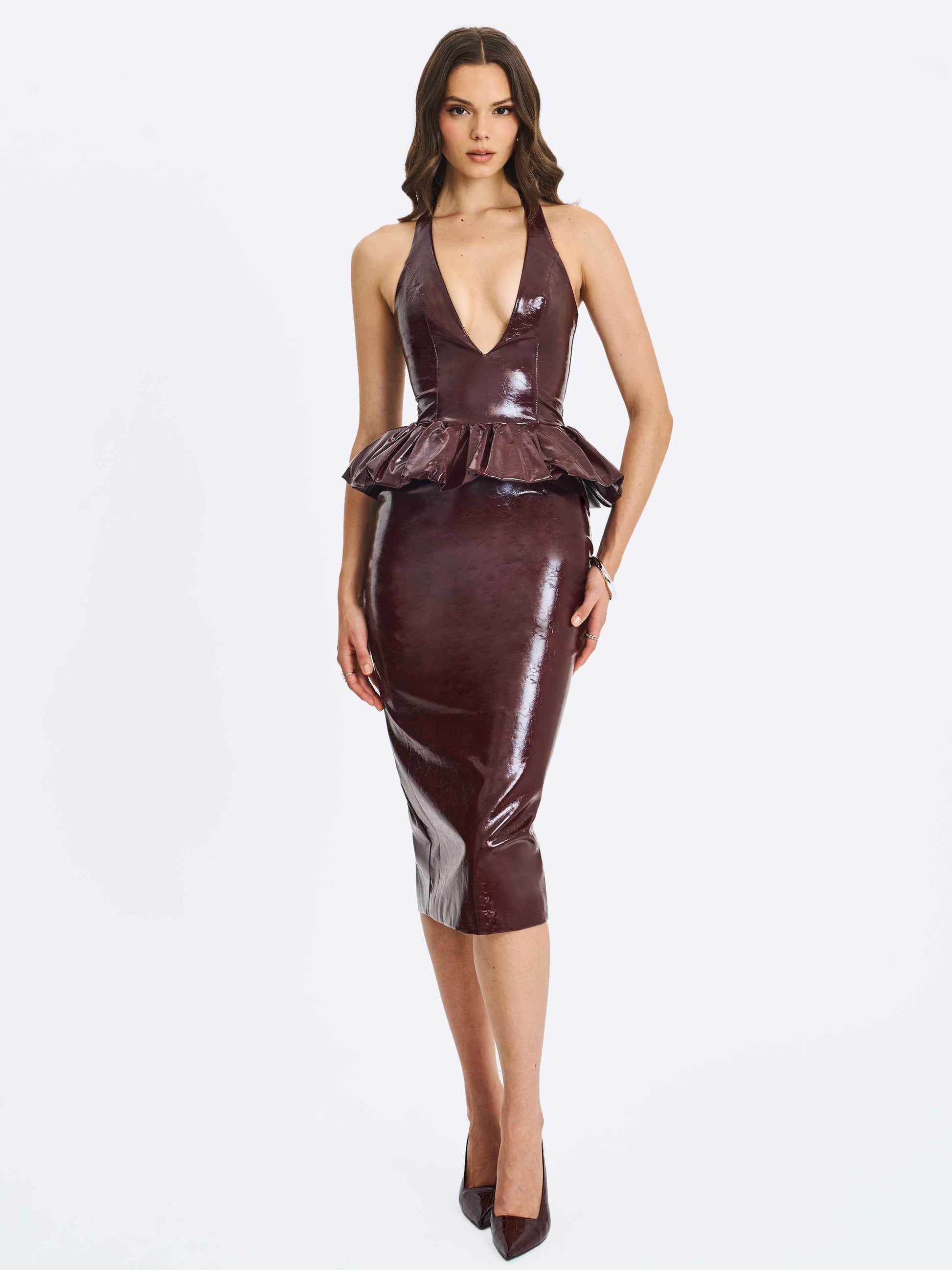 Jaslene Mahogany Ruched Peplum Plunge Halter Midi Dress