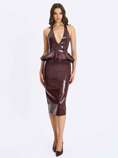 Jaslene Mahogany Ruched Peplum Plunge Halter Midi Dress