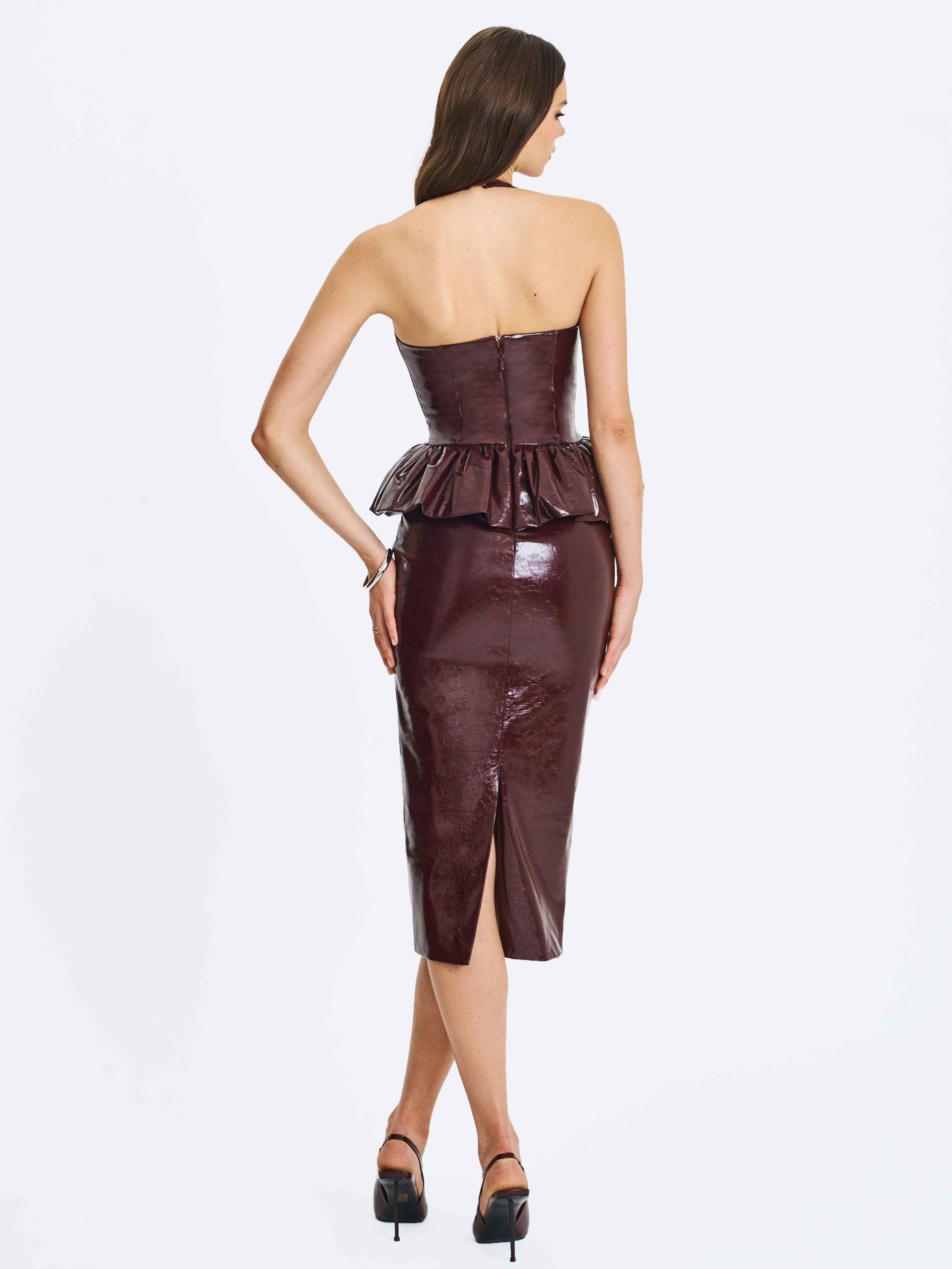 Jaslene Mahogany Ruched Peplum Plunge Halter Midi Dress