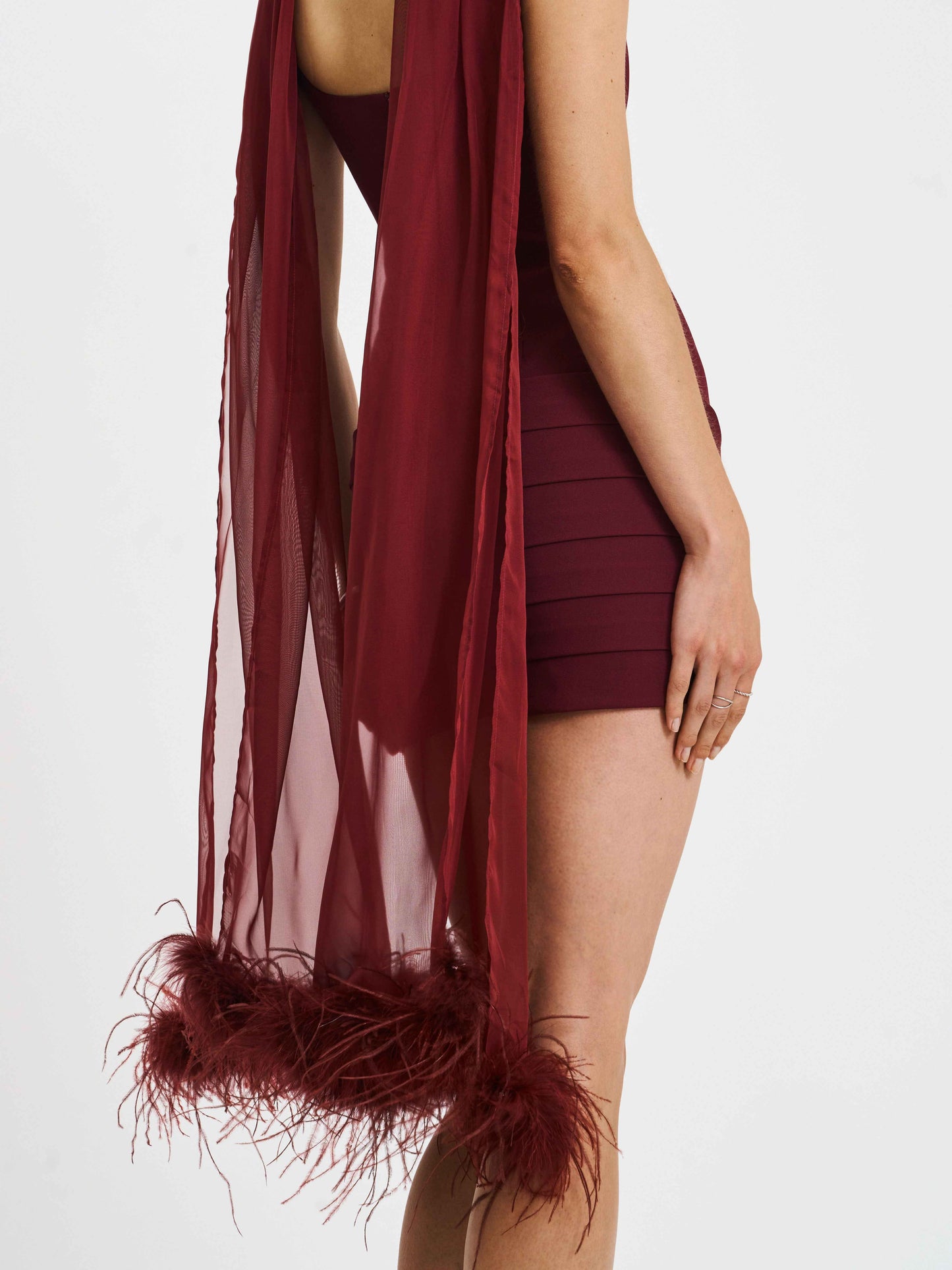 Tori Wine Red Pleated Mini Dress with Chiffon Scarf