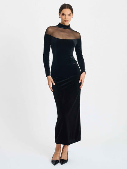 Blair Black Sheer Mock Neck Maxi Dress