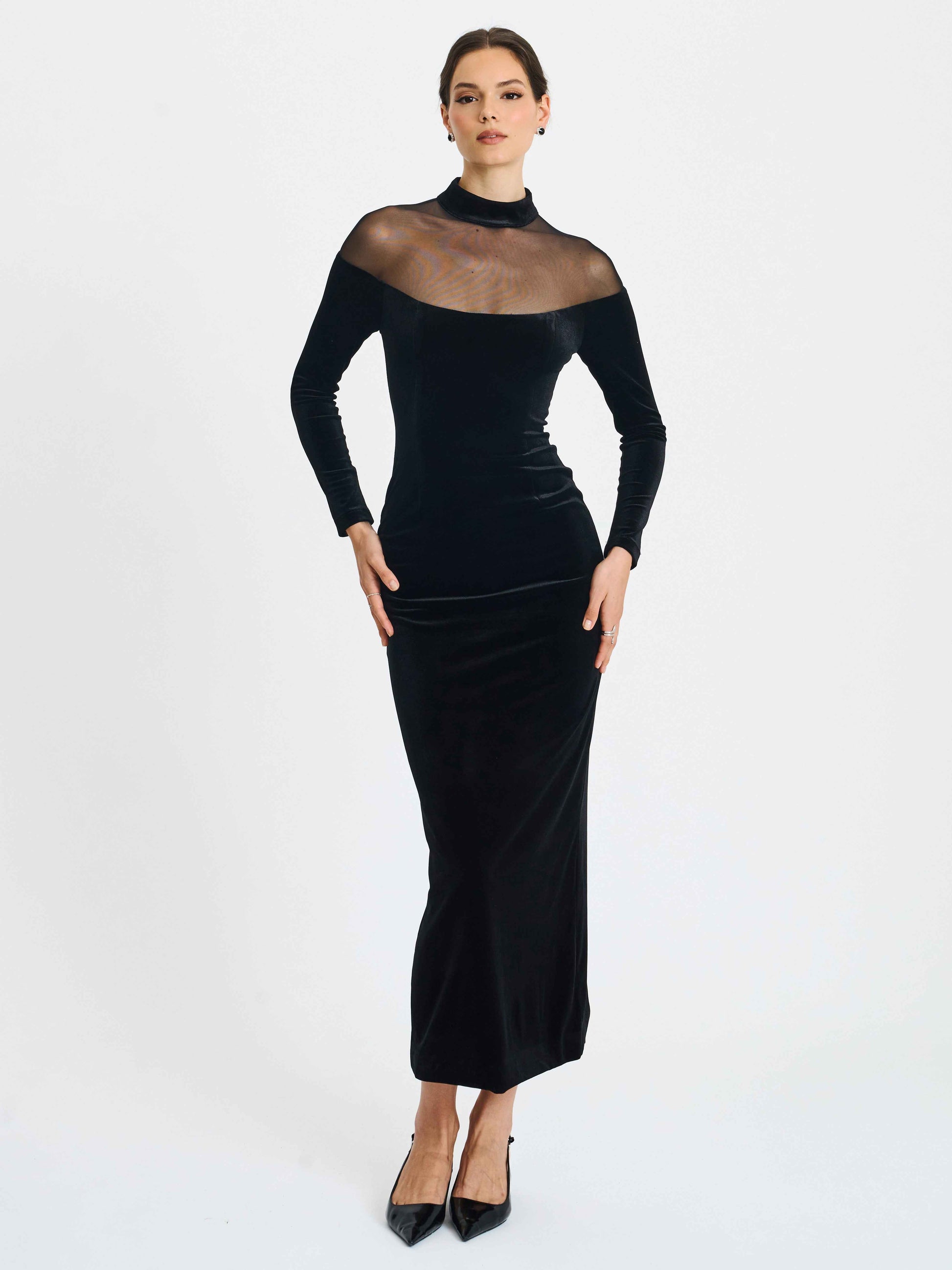 Blair Black Sheer Mock Neck Maxi Dress