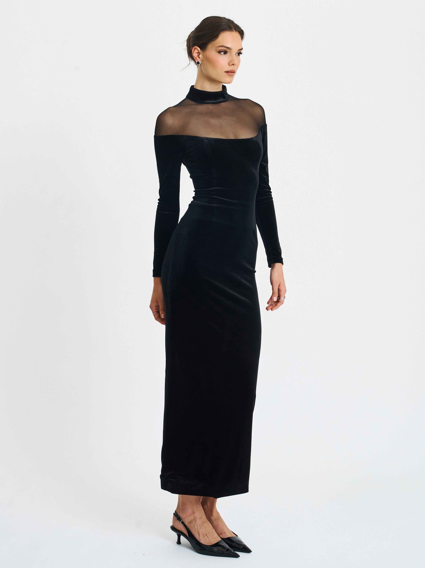 Blair Black Sheer Mock Neck Maxi Dress