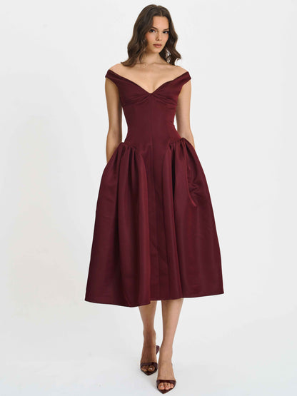 Omella Burgundy Ruched Bust Sweetheart Flared Midi Dress