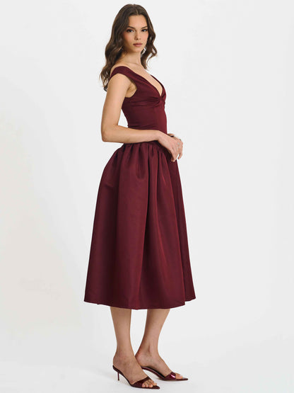 Omella Burgundy Ruched Bust Sweetheart Flared Midi Dress