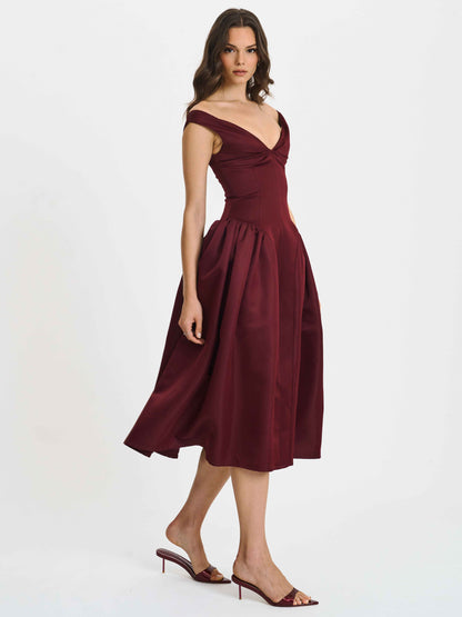 Omella Burgundy Ruched Bust Sweetheart Flared Midi Dress