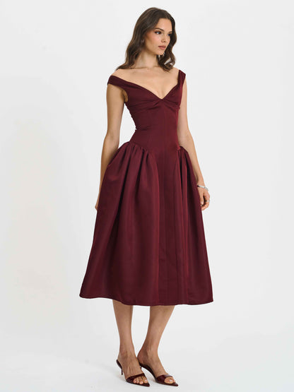 Omella Burgundy Ruched Bust Sweetheart Flared Midi Dress