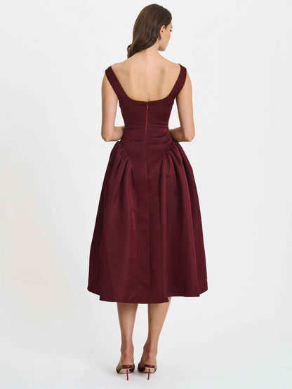 Omella Burgundy Ruched Bust Sweetheart Flared Midi Dress
