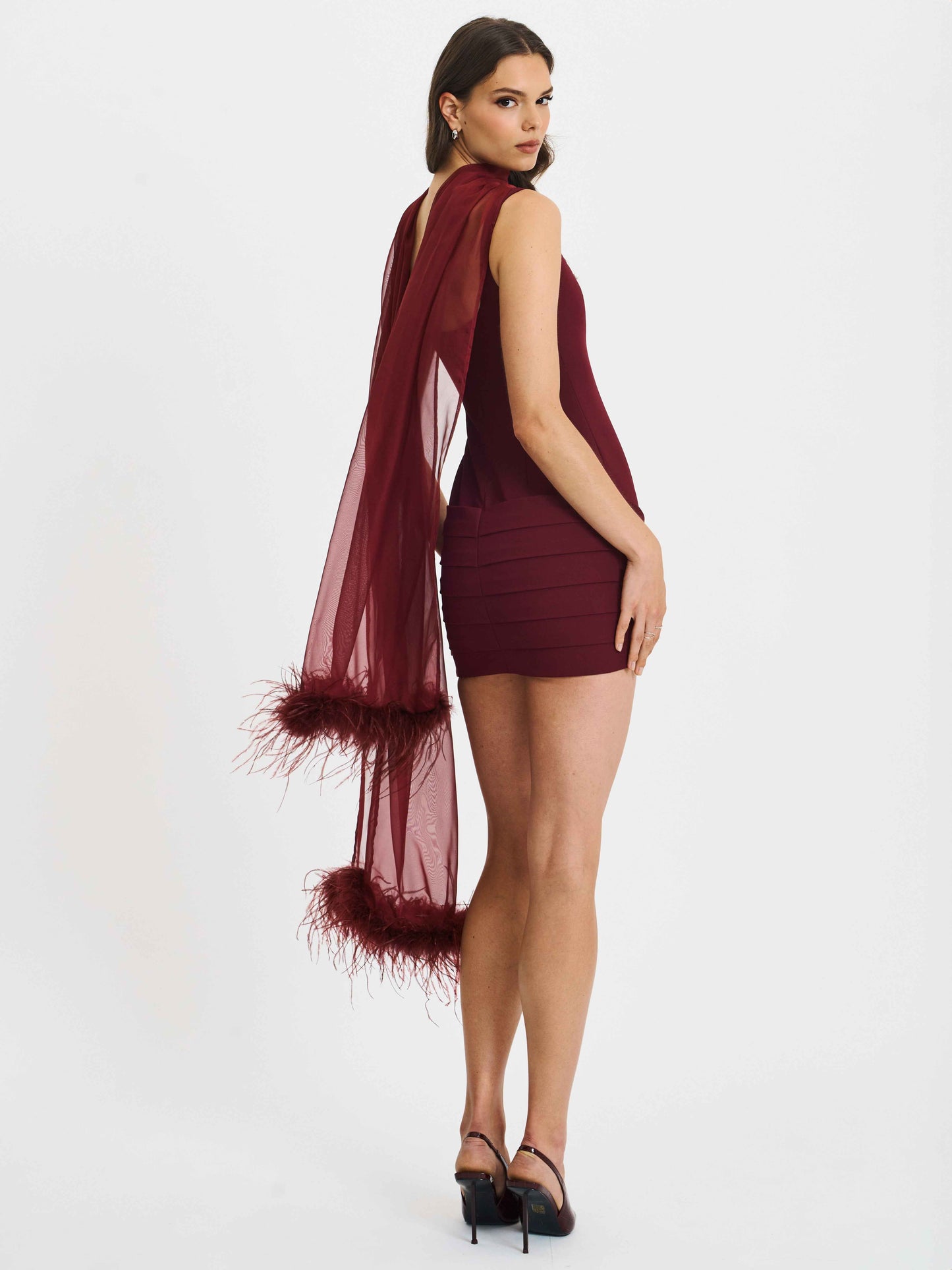Tori Wine Red Pleated Mini Dress with Chiffon Scarf