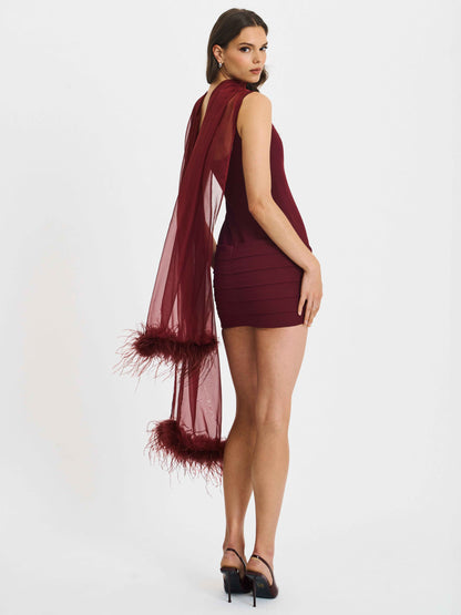Tori Wine Red Pleated Mini Dress with Chiffon Scarf