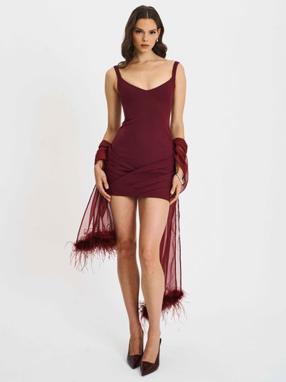 Tori Wine Red Pleated Mini Dress with Chiffon Scarf