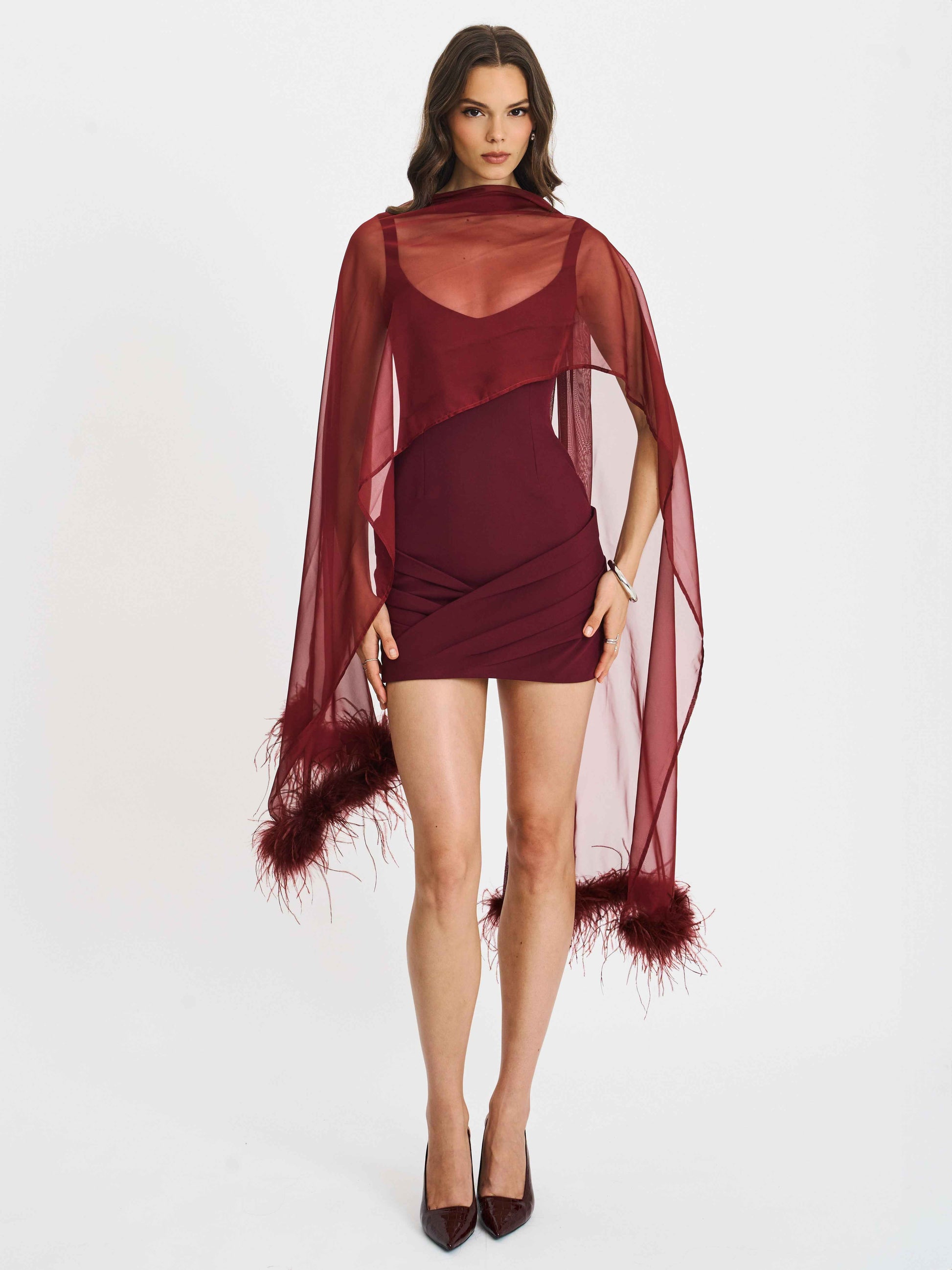 Tori Wine Red Pleated Mini Dress with Chiffon Scarf
