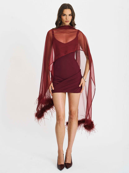 Tori Wine Red Pleated Mini Dress with Chiffon Scarf