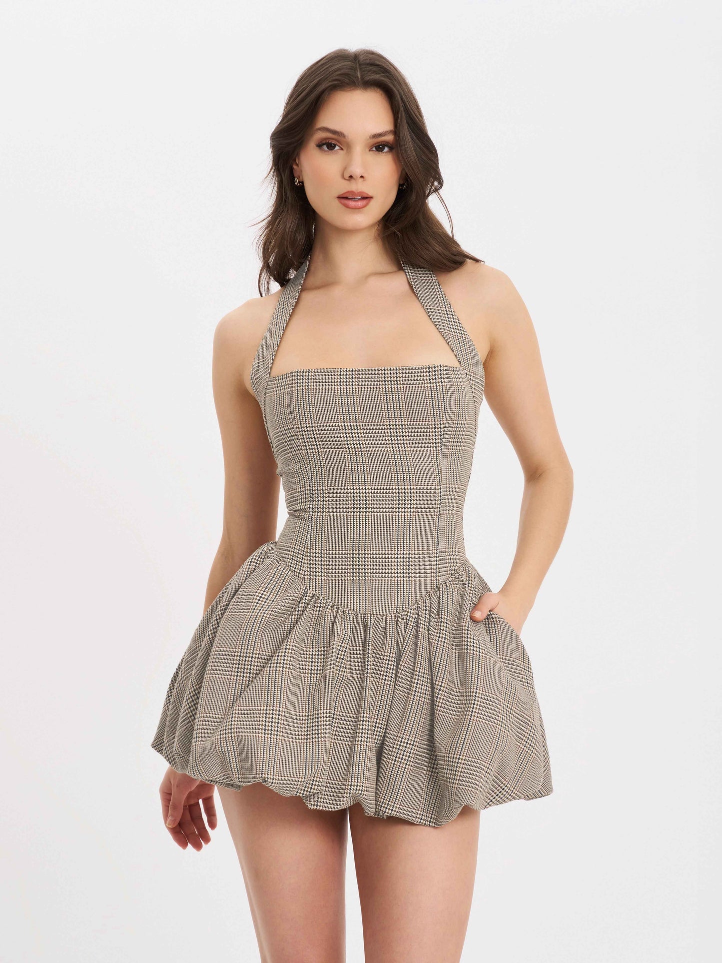 Dacia Plaid Halter Lace-up Bubble Mini Dress