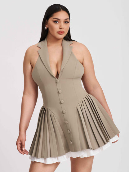 Hazel Brown Preppy Halter Neck Pleated Mini Dress