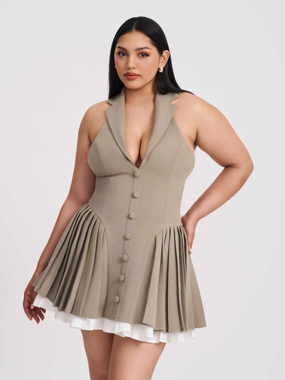 Hazel Brown Preppy Halter Neck Pleated Mini Dress